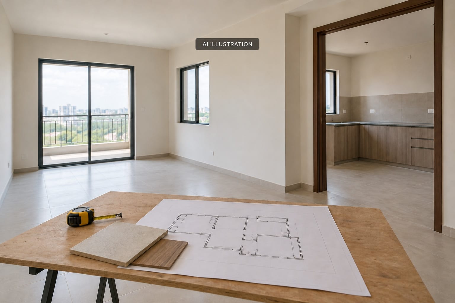 AI illustration of an empty generic apartment, a partially fitted kitchen and a fictional floor plan.