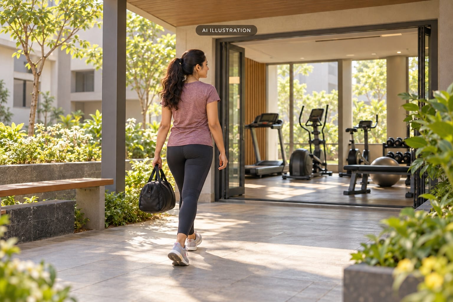 AI illustration of a fictional resident approaching a generic shared fitness room.
