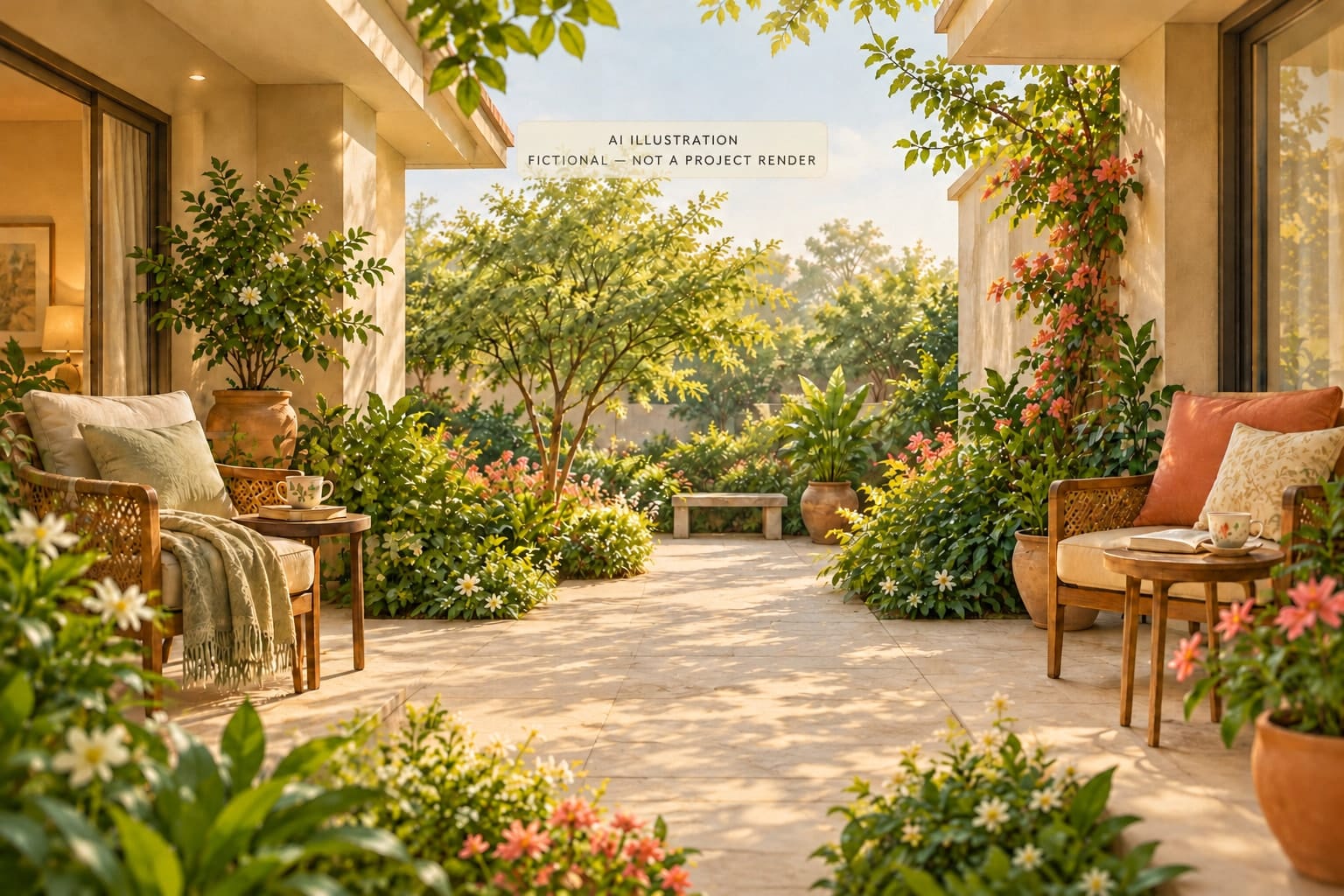 AI illustration of two fictional sitting areas beside an imagined shared garden; not Laurel and Maple or a project render.