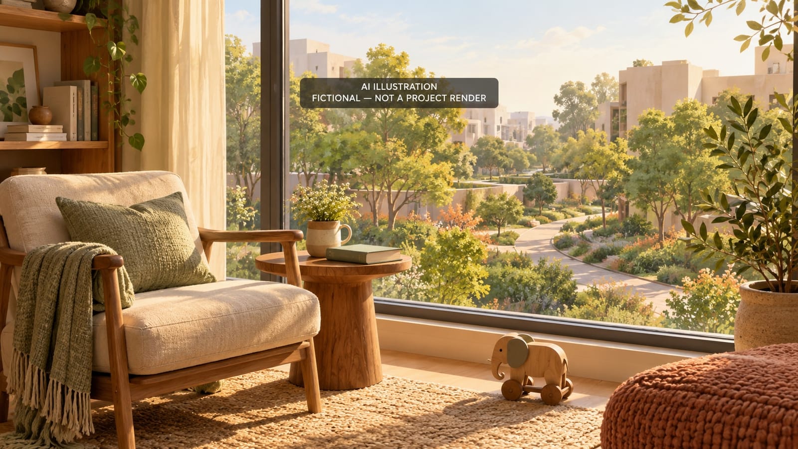 AI illustration of a fictional home reading nook overlooking an imagined green courtyard; not SOBHA OneWorld or a project render.