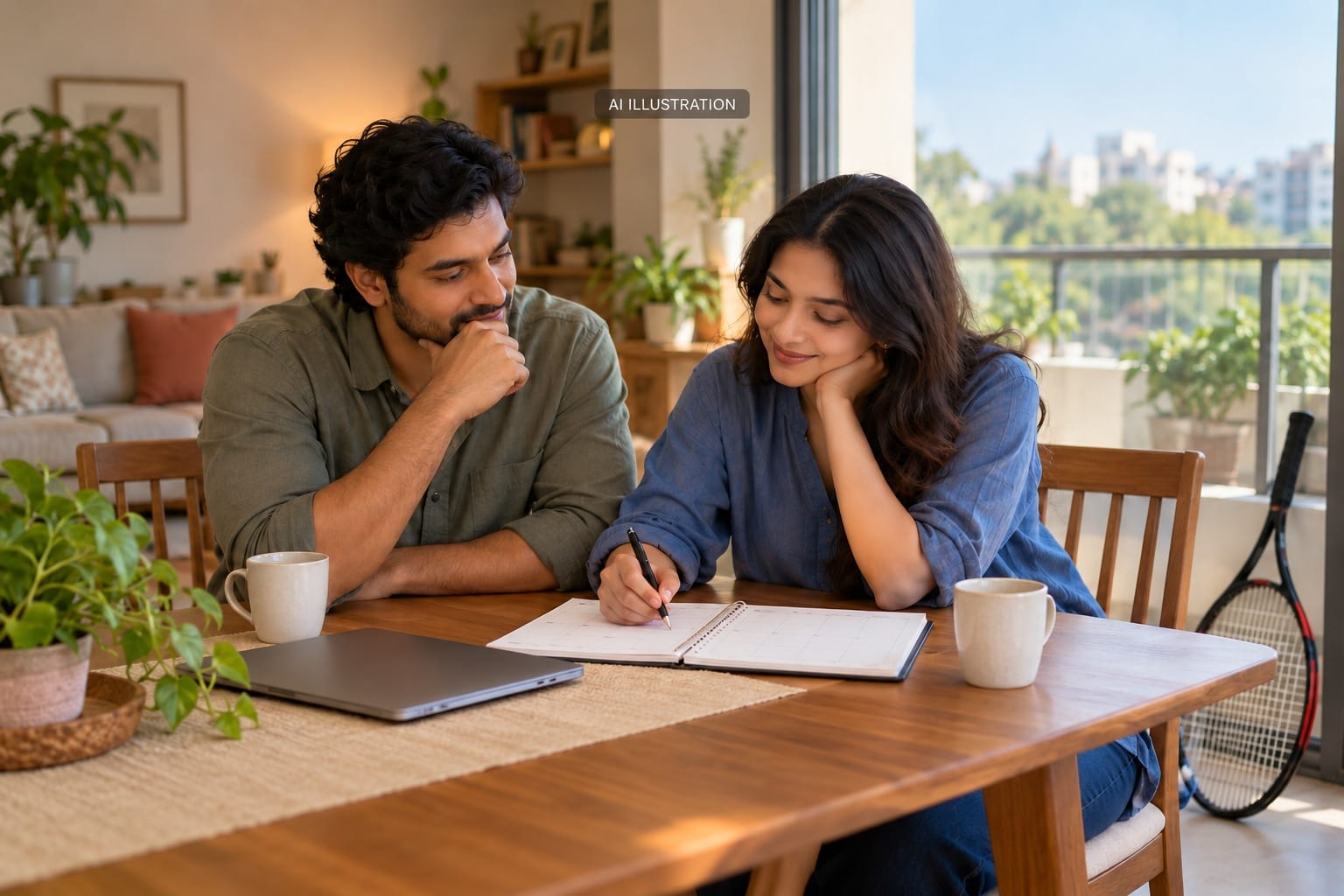 AI illustration of two fictional adults planning a week at an apartment table.